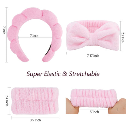 6 Pack Spa Headband, Makeup Headband, Face Wash Headbands, Skincare Headbands, Pink Sponge Hair Band Bow Tie Spa Head Band for Washing Face Wristband Set Hair Accessories for Women Girls