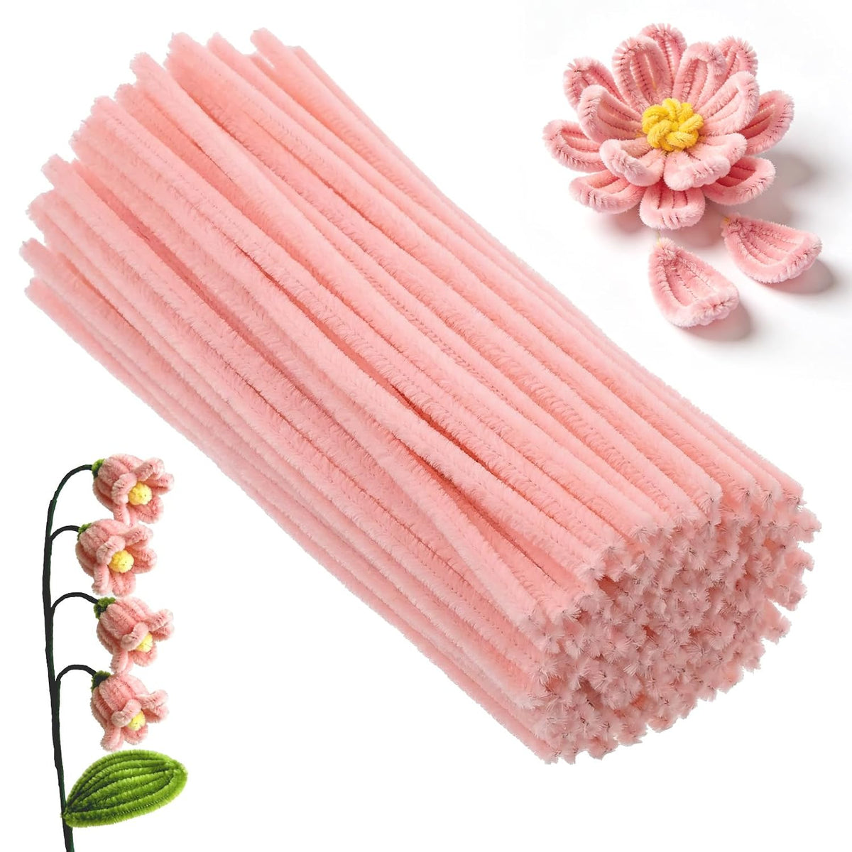 100Pcs Pipe Cleaner Flower Kit, Pink Pipe Cleaners for Crafts, Thick Pastel Fuzzy Chenille Stems for DIY Crafts, Decorations and Creative Projects