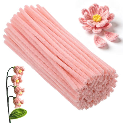100Pcs Pipe Cleaner Flower Kit, Pink Pipe Cleaners for Crafts, Thick Pastel Fuzzy Chenille Stems for DIY Crafts, Decorations and Creative Projects