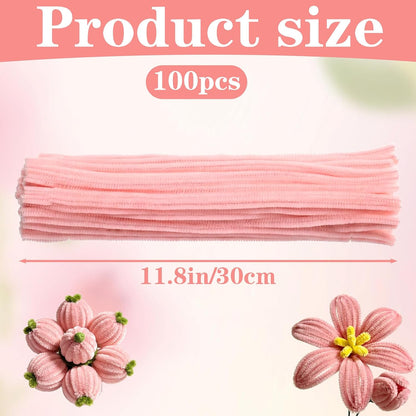 100Pcs Pipe Cleaner Flower Kit, Pink Pipe Cleaners for Crafts, Thick Pastel Fuzzy Chenille Stems for DIY Crafts, Decorations and Creative Projects