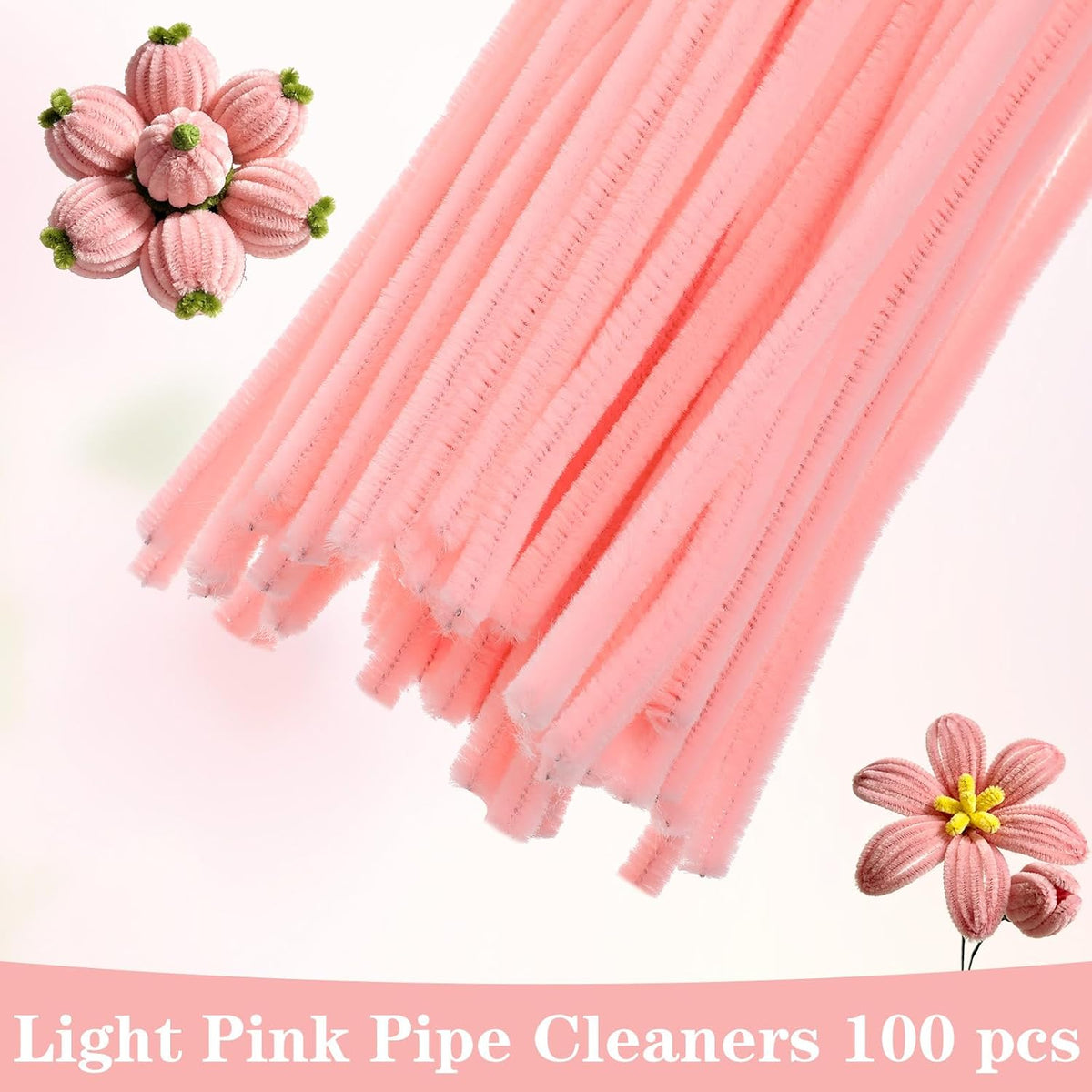 100Pcs Pipe Cleaner Flower Kit, Pink Pipe Cleaners for Crafts, Thick Pastel Fuzzy Chenille Stems for DIY Crafts, Decorations and Creative Projects