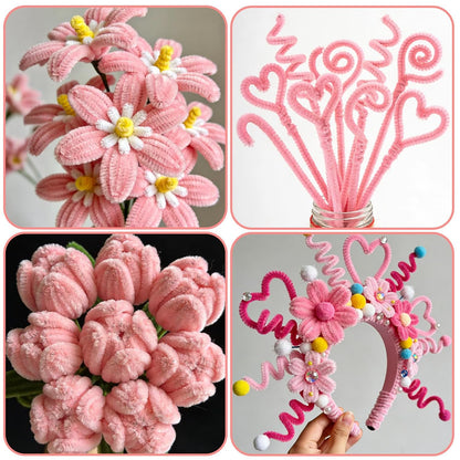 100Pcs Pipe Cleaner Flower Kit, Pink Pipe Cleaners for Crafts, Thick Pastel Fuzzy Chenille Stems for DIY Crafts, Decorations and Creative Projects
