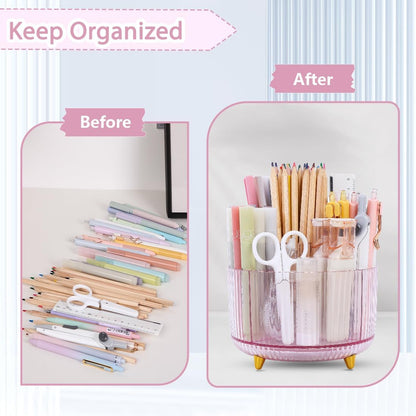 Rotating Pencil Pen Holder, Pen Organizer with 5 Slots - Aesthetic Desk Organizer and Accessories for School, Home, Office Supplies
