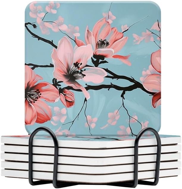 Drink Coasters Set of 6 with Holder,Hand-Painted Pink Magnolia Flowers On Light Blue Background,Non-Slip Water Absorbent Ceramic Coasters Tabletop Protection,Suitable for Various Cup,Home Decor,4In