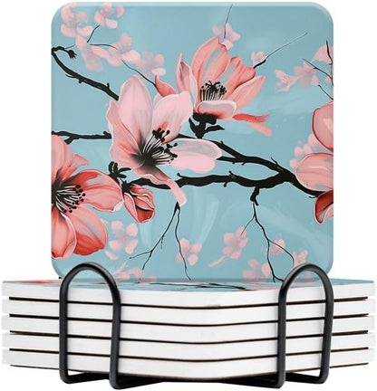 Drink Coasters Set of 6 with Holder,Hand-Painted Pink Magnolia Flowers On Light Blue Background,Non-Slip Water Absorbent Ceramic Coasters Tabletop Protection,Suitable for Various Cup,Home Decor,4In
