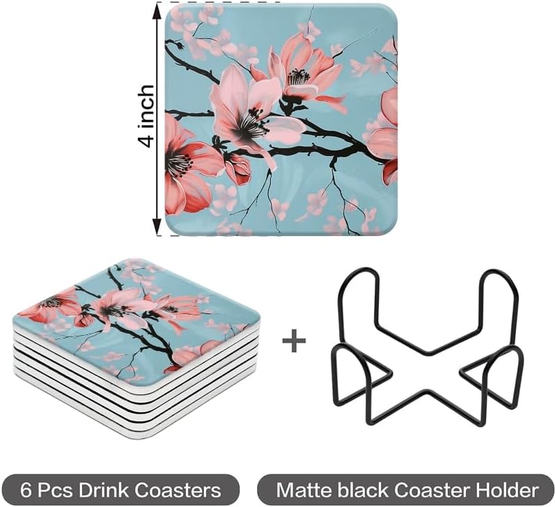 Drink Coasters Set of 6 with Holder,Hand-Painted Pink Magnolia Flowers On Light Blue Background,Non-Slip Water Absorbent Ceramic Coasters Tabletop Protection,Suitable for Various Cup,Home Decor,4In