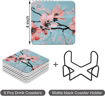 Drink Coasters Set of 6 with Holder,Hand-Painted Pink Magnolia Flowers On Light Blue Background,Non-Slip Water Absorbent Ceramic Coasters Tabletop Protection,Suitable for Various Cup,Home Decor,4In