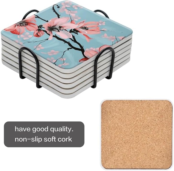 Drink Coasters Set of 6 with Holder,Hand-Painted Pink Magnolia Flowers On Light Blue Background,Non-Slip Water Absorbent Ceramic Coasters Tabletop Protection,Suitable for Various Cup,Home Decor,4In