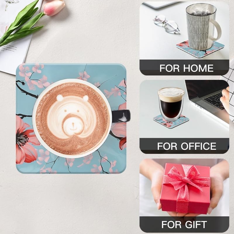 Drink Coasters Set of 6 with Holder,Hand-Painted Pink Magnolia Flowers On Light Blue Background,Non-Slip Water Absorbent Ceramic Coasters Tabletop Protection,Suitable for Various Cup,Home Decor,4In