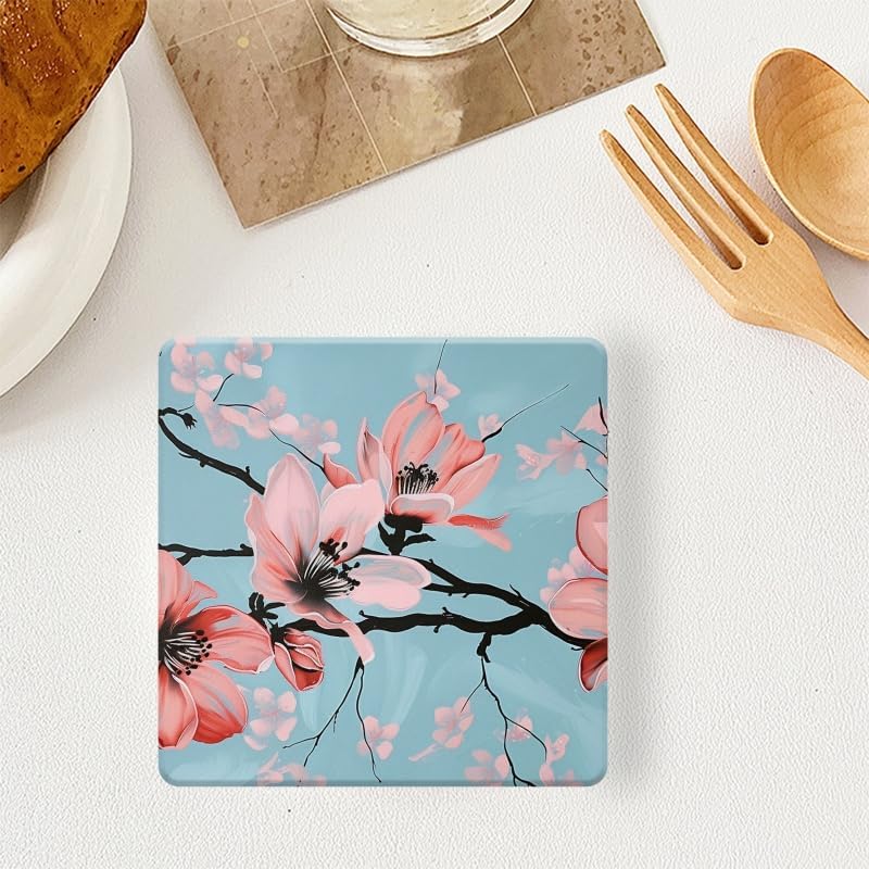 Drink Coasters Set of 6 with Holder,Hand-Painted Pink Magnolia Flowers On Light Blue Background,Non-Slip Water Absorbent Ceramic Coasters Tabletop Protection,Suitable for Various Cup,Home Decor,4In