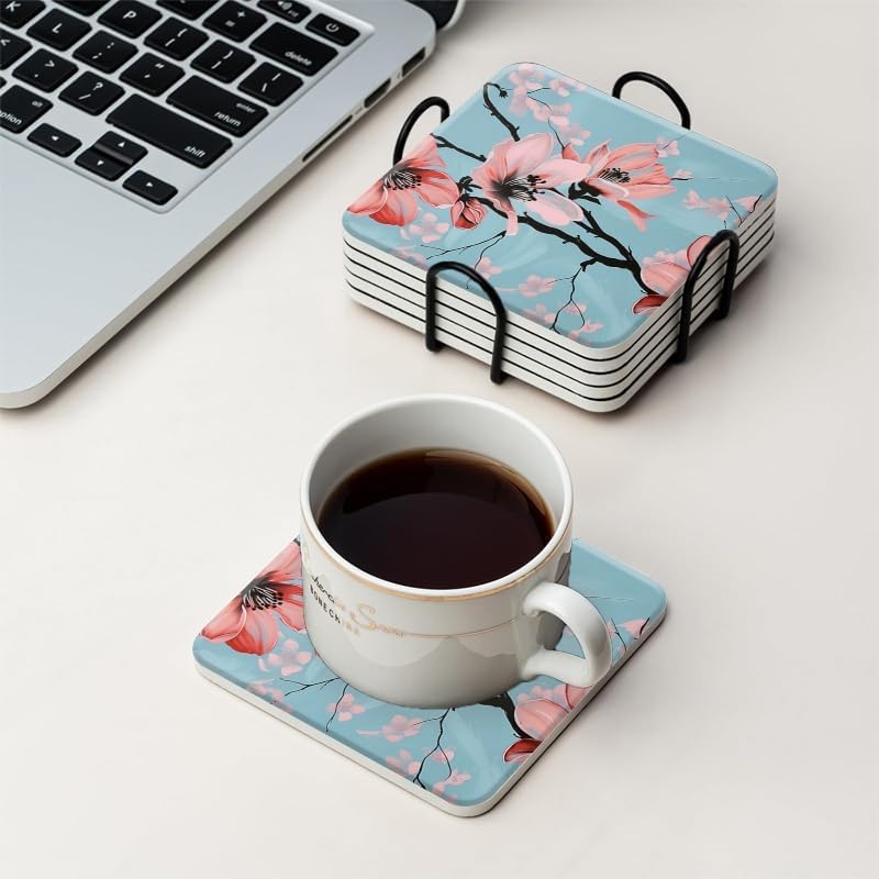 Drink Coasters Set of 6 with Holder,Hand-Painted Pink Magnolia Flowers On Light Blue Background,Non-Slip Water Absorbent Ceramic Coasters Tabletop Protection,Suitable for Various Cup,Home Decor,4In