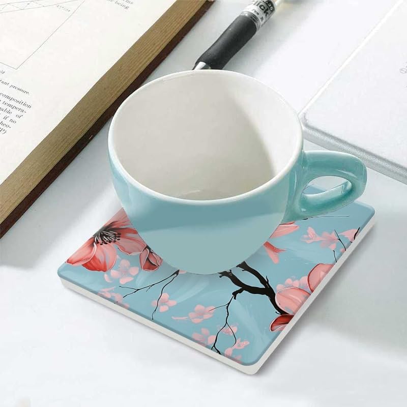 Drink Coasters Set of 6 with Holder,Hand-Painted Pink Magnolia Flowers On Light Blue Background,Non-Slip Water Absorbent Ceramic Coasters Tabletop Protection,Suitable for Various Cup,Home Decor,4In