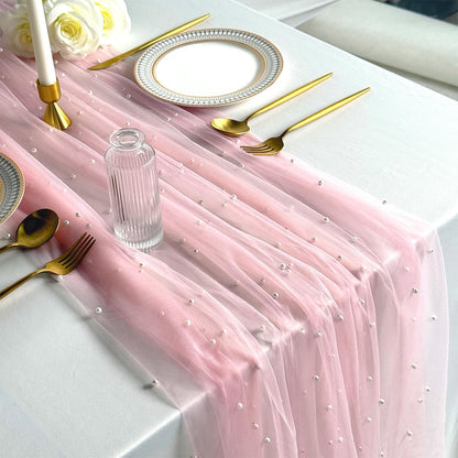 Pink Table Runner,120 Inch 10FT Tulle Gauze Fabric Table Runners with Pearls,1 Piece Sheer Lace Tables Decor for Dining Wedding Birthday Baby Shower Valentine’s Day Home Holiday Party（Pink