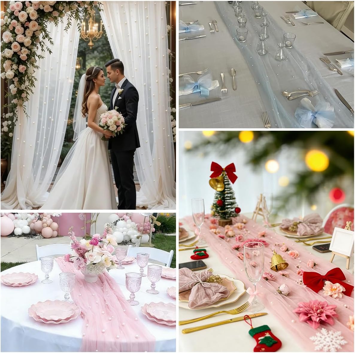 Pink Table Runner,120 Inch 10FT Tulle Gauze Fabric Table Runners with Pearls,1 Piece Sheer Lace Tables Decor for Dining Wedding Birthday Baby Shower Valentine’s Day Home Holiday Party（Pink