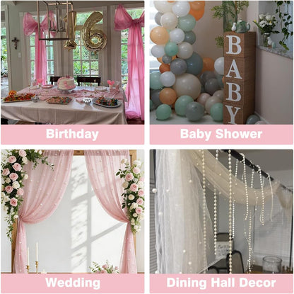 Pink Table Runner,120 Inch 10FT Tulle Gauze Fabric Table Runners with Pearls,1 Piece Sheer Lace Tables Decor for Dining Wedding Birthday Baby Shower Valentine’s Day Home Holiday Party（Pink
