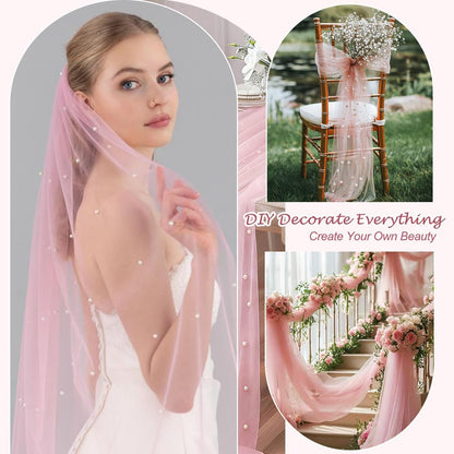 Pink Table Runner,120 Inch 10FT Tulle Gauze Fabric Table Runners with Pearls,1 Piece Sheer Lace Tables Decor for Dining Wedding Birthday Baby Shower Valentine’s Day Home Holiday Party（Pink