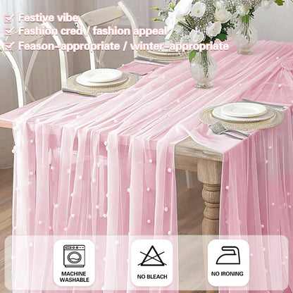 Pink Table Runner,120 Inch 10FT Tulle Gauze Fabric Table Runners with Pearls,1 Piece Sheer Lace Tables Decor for Dining Wedding Birthday Baby Shower Valentine’s Day Home Holiday Party（Pink