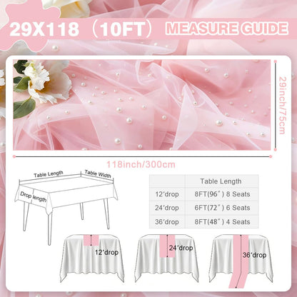 Pink Table Runner,120 Inch 10FT Tulle Gauze Fabric Table Runners with Pearls,1 Piece Sheer Lace Tables Decor for Dining Wedding Birthday Baby Shower Valentine’s Day Home Holiday Party（Pink