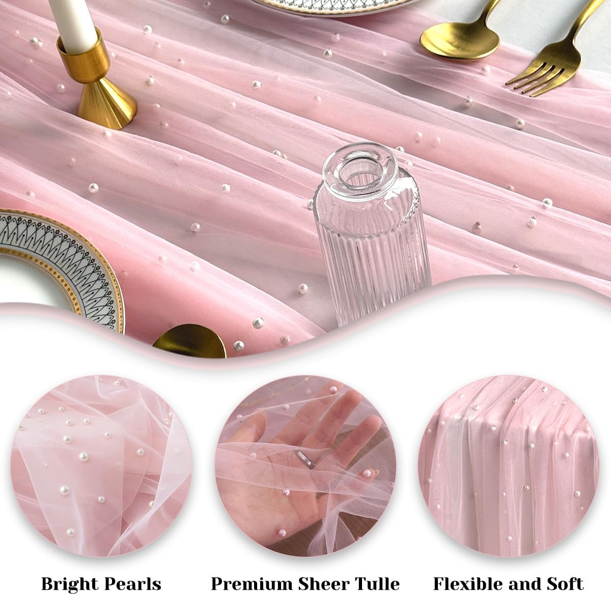 Pink Table Runner,120 Inch 10FT Tulle Gauze Fabric Table Runners with Pearls,1 Piece Sheer Lace Tables Decor for Dining Wedding Birthday Baby Shower Valentine’s Day Home Holiday Party（Pink