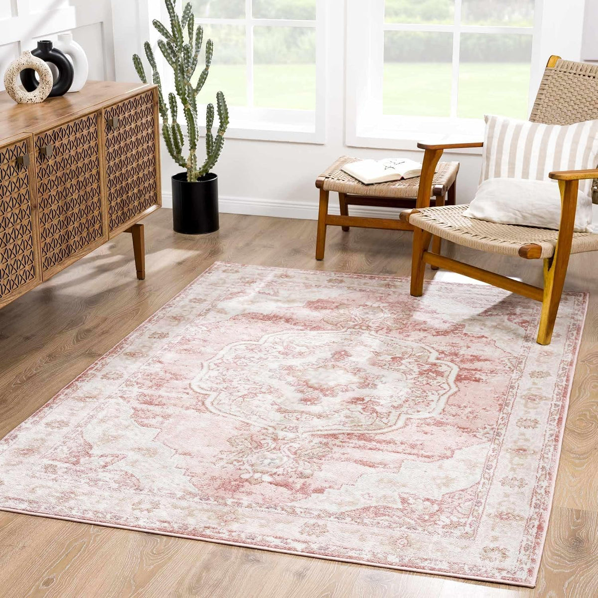 Pink Oriental Traditional Cream 5x7 Area Rug Plum Beige Floral Medallion Kandos Living Room Bedroom Dining Room Home Office Apartment 5'3" x 7' Stain Resistant Non-Shedding Pet Friendly