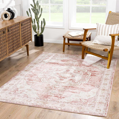 Pink Oriental Traditional Cream 5x7 Area Rug Plum Beige Floral Medallion Kandos Living Room Bedroom Dining Room Home Office Apartment 5'3" x 7' Stain Resistant Non-Shedding Pet Friendly
