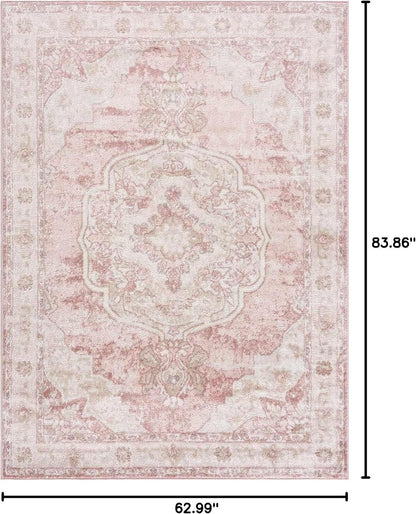 Pink Oriental Traditional Cream 5x7 Area Rug Plum Beige Floral Medallion Kandos Living Room Bedroom Dining Room Home Office Apartment 5'3" x 7' Stain Resistant Non-Shedding Pet Friendly