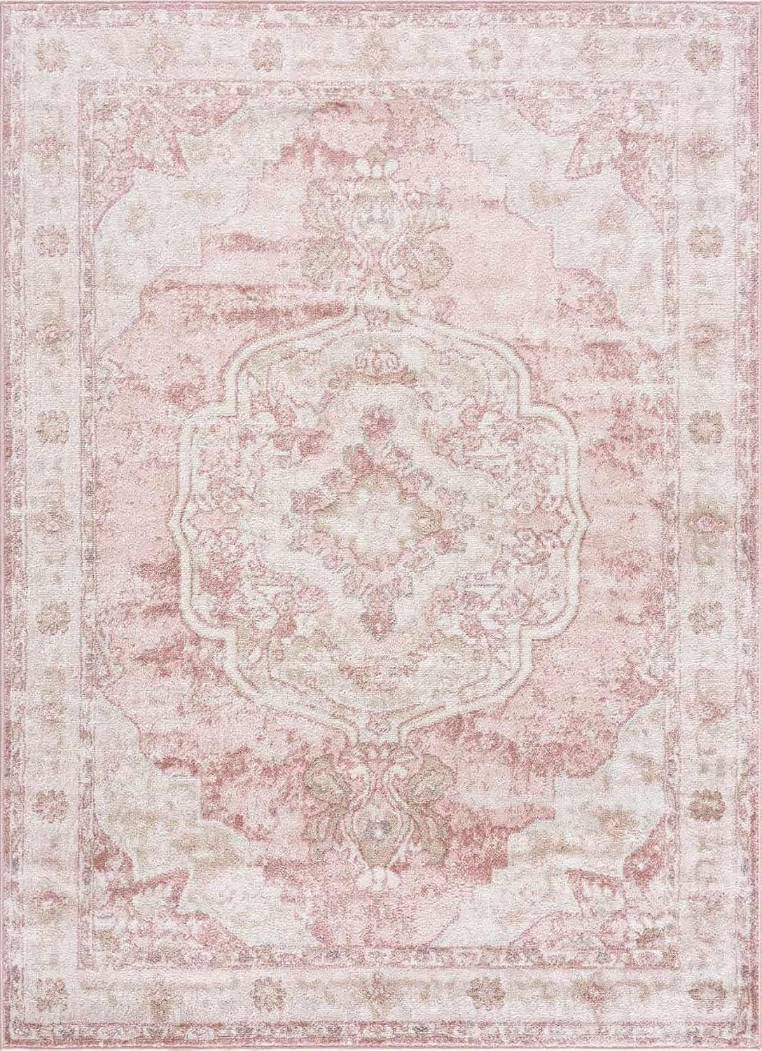 Pink Oriental Traditional Cream 5x7 Area Rug Plum Beige Floral Medallion Kandos Living Room Bedroom Dining Room Home Office Apartment 5'3" x 7' Stain Resistant Non-Shedding Pet Friendly