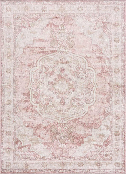 Pink Oriental Traditional Cream 5x7 Area Rug Plum Beige Floral Medallion Kandos Living Room Bedroom Dining Room Home Office Apartment 5'3" x 7' Stain Resistant Non-Shedding Pet Friendly