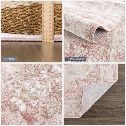 Pink Oriental Traditional Cream 5x7 Area Rug Plum Beige Floral Medallion Kandos Living Room Bedroom Dining Room Home Office Apartment 5'3" x 7' Stain Resistant Non-Shedding Pet Friendly