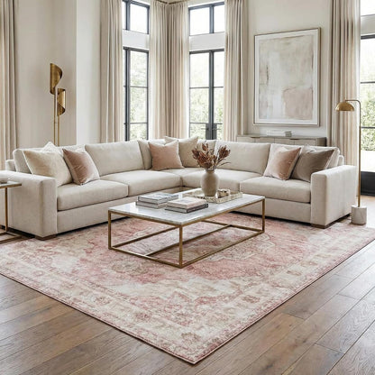 Pink Oriental Traditional Cream 5x7 Area Rug Plum Beige Floral Medallion Kandos Living Room Bedroom Dining Room Home Office Apartment 5'3" x 7' Stain Resistant Non-Shedding Pet Friendly