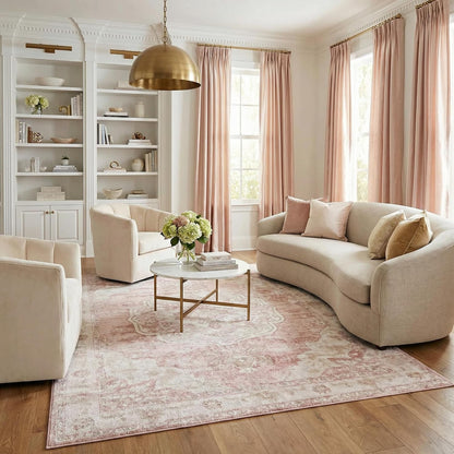 Pink Oriental Traditional Cream 5x7 Area Rug Plum Beige Floral Medallion Kandos Living Room Bedroom Dining Room Home Office Apartment 5'3" x 7' Stain Resistant Non-Shedding Pet Friendly