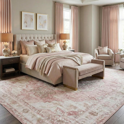 Pink Oriental Traditional Cream 5x7 Area Rug Plum Beige Floral Medallion Kandos Living Room Bedroom Dining Room Home Office Apartment 5'3" x 7' Stain Resistant Non-Shedding Pet Friendly