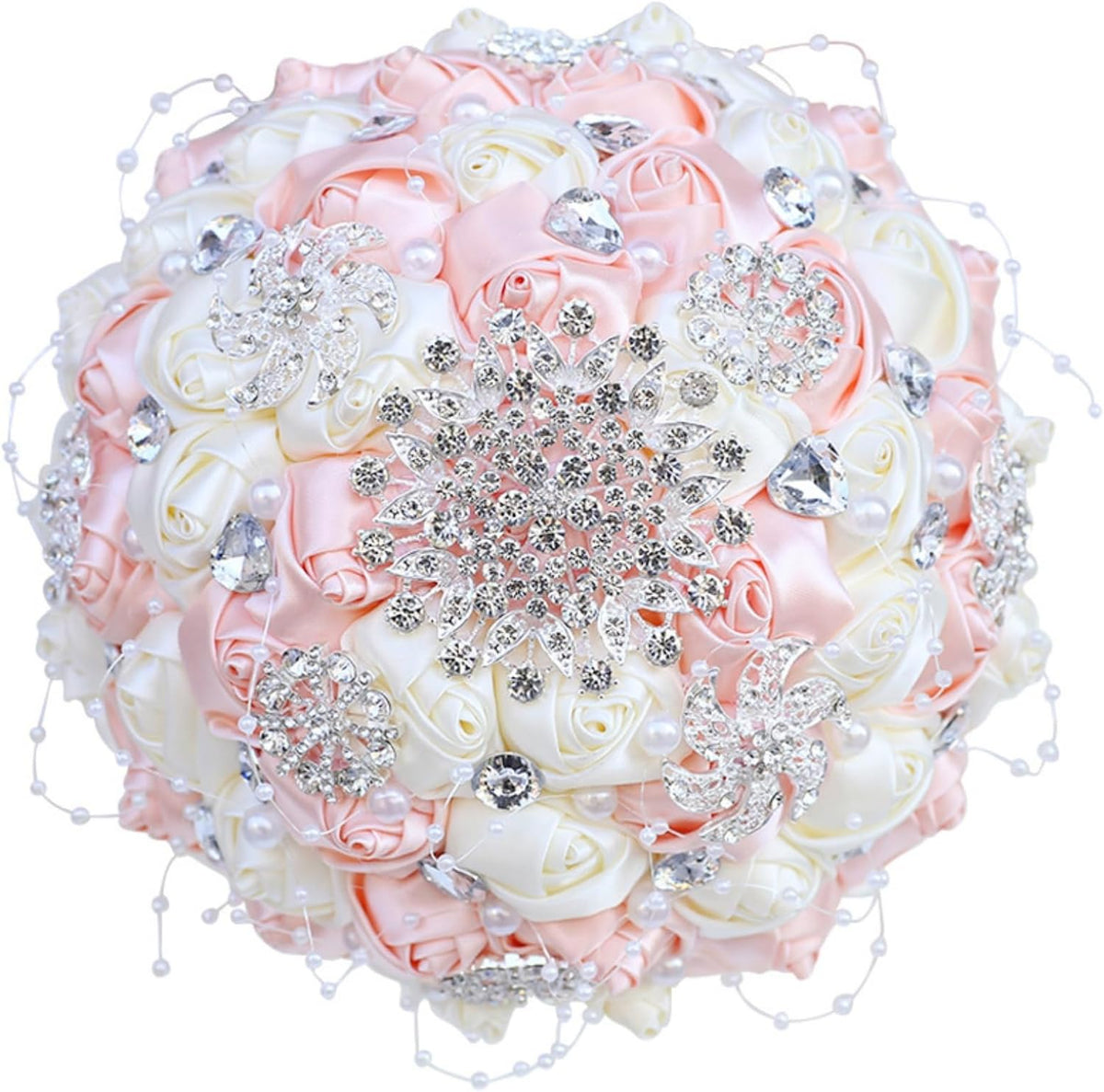 Bridal Wedding Bouquet with Silver Rhinestones Brooch Pearl Bouquet for Bride Bridesmaid Quinceanera Satin Rose Artificial Flower Bouquet Wedding Pale Pink and Ivory 8.3in