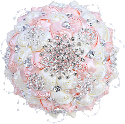 Bridal Wedding Bouquet with Silver Rhinestones Brooch Pearl Bouquet for Bride Bridesmaid Quinceanera Satin Rose Artificial Flower Bouquet Wedding Pale Pink and Ivory 8.3in