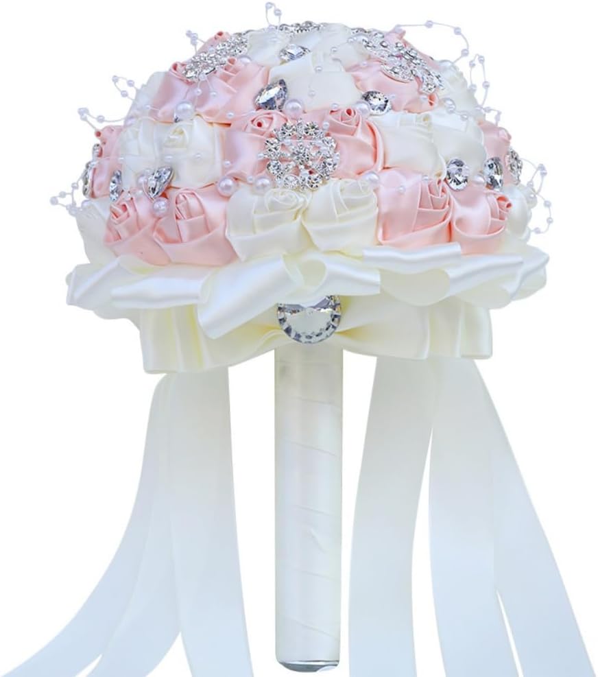 Bridal Wedding Bouquet with Silver Rhinestones Brooch Pearl Bouquet for Bride Bridesmaid Quinceanera Satin Rose Artificial Flower Bouquet Wedding Pale Pink and Ivory 8.3in