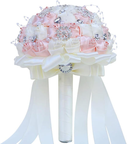 Bridal Wedding Bouquet with Silver Rhinestones Brooch Pearl Bouquet for Bride Bridesmaid Quinceanera Satin Rose Artificial Flower Bouquet Wedding Pale Pink and Ivory 8.3in