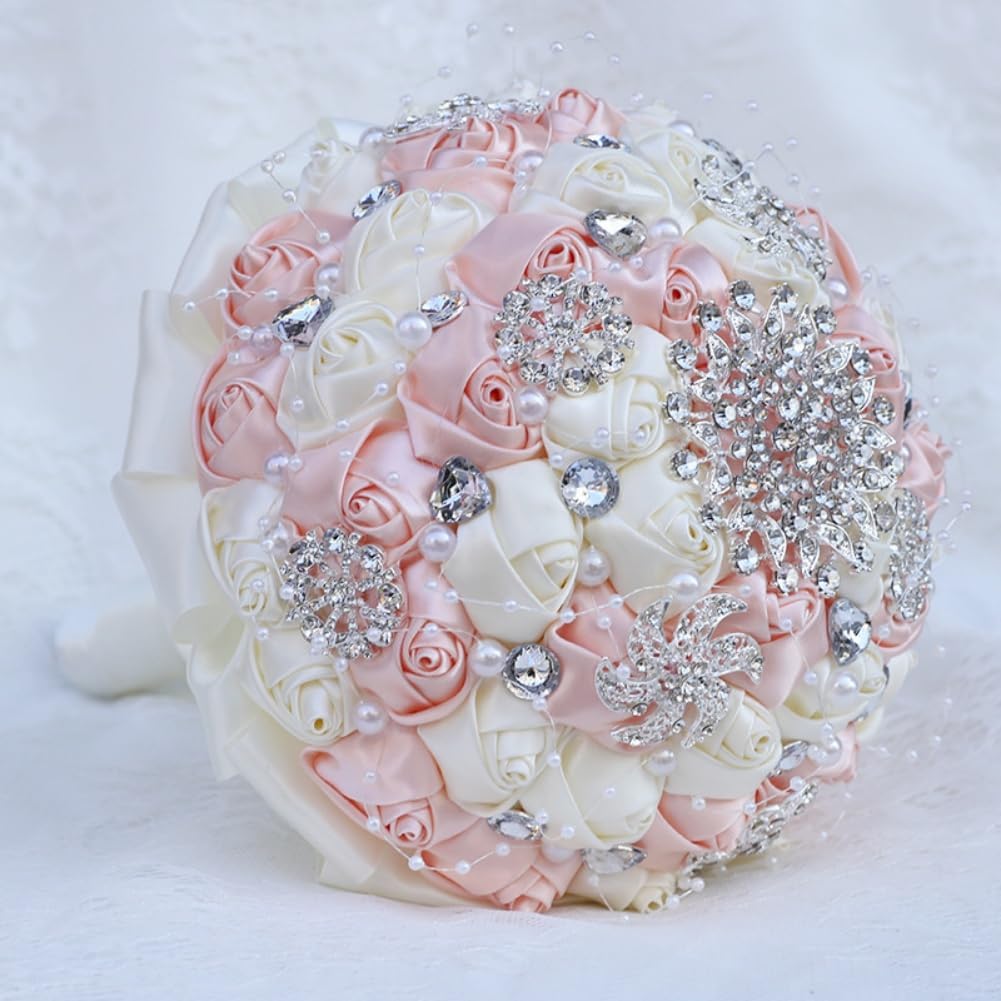 Bridal Wedding Bouquet with Silver Rhinestones Brooch Pearl Bouquet for Bride Bridesmaid Quinceanera Satin Rose Artificial Flower Bouquet Wedding Pale Pink and Ivory 8.3in