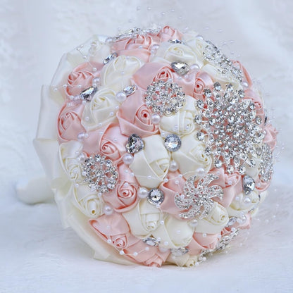 Bridal Wedding Bouquet with Silver Rhinestones Brooch Pearl Bouquet for Bride Bridesmaid Quinceanera Satin Rose Artificial Flower Bouquet Wedding Pale Pink and Ivory 8.3in