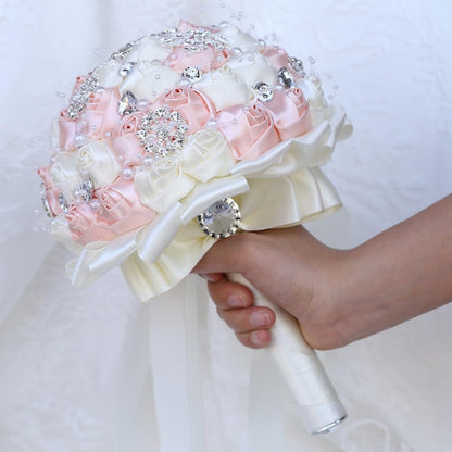 Bridal Wedding Bouquet with Silver Rhinestones Brooch Pearl Bouquet for Bride Bridesmaid Quinceanera Satin Rose Artificial Flower Bouquet Wedding Pale Pink and Ivory 8.3in