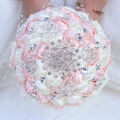 Bridal Wedding Bouquet with Silver Rhinestones Brooch Pearl Bouquet for Bride Bridesmaid Quinceanera Satin Rose Artificial Flower Bouquet Wedding Pale Pink and Ivory 8.3in