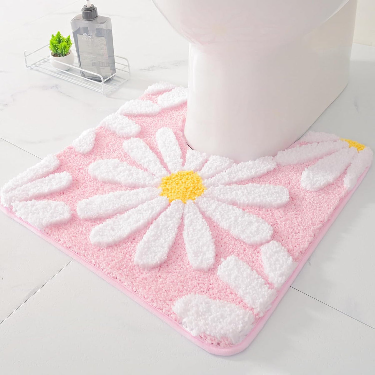 Toilet Rugs U Shaped, Pink Toilet Mat Cute Daisy Contour Bath Rug 20"x20", Extra Thick Soft Machine Washable Toilet Carpet, Non Slip Bathroom Floor Mats Super Absorbent Microfiber Bath Rugs