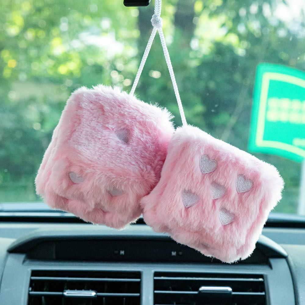 Pair 3'' Fuzzy Dice for Car, Baby Pink Car Dice for Rearview Mirror Decor