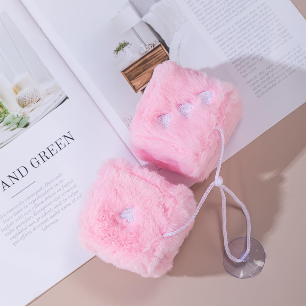 Pair 3'' Fuzzy Dice for Car, Baby Pink Car Dice for Rearview Mirror Decor