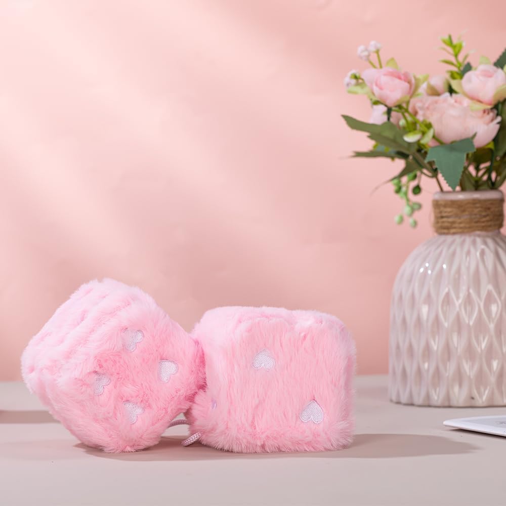 Pair 3'' Fuzzy Dice for Car, Baby Pink Car Dice for Rearview Mirror Decor