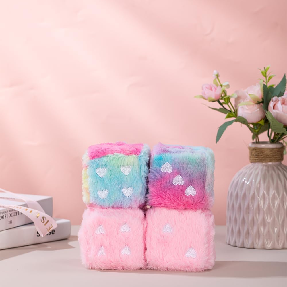 Pair 3'' Fuzzy Dice for Car, Baby Pink Car Dice for Rearview Mirror Decor