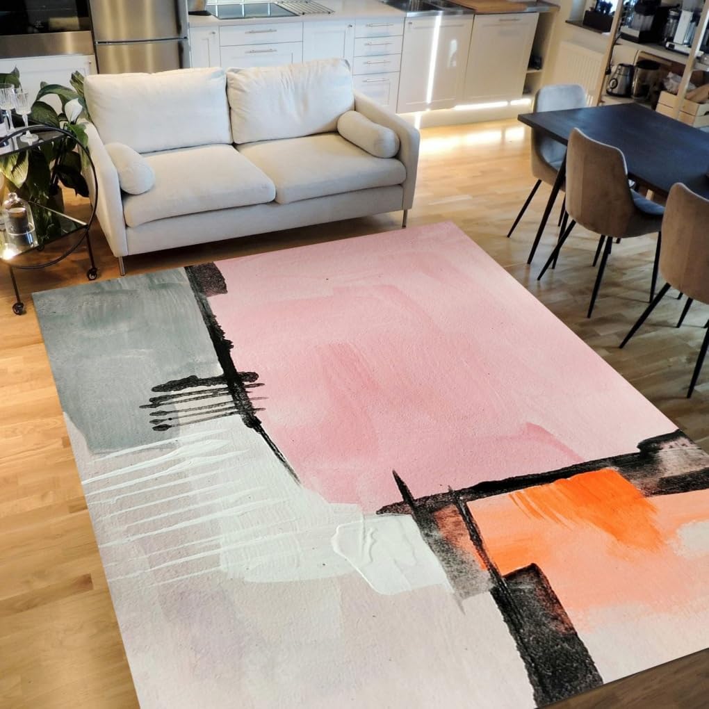 Light Pink Grey Off White Cotemporary Abstract Texture Indoor Rugs for Living Room Bedroom Dining Room Machine Washable Non Shedding Soft Carpet 4x6 Nursery Guestroom Modern Art Aesthetic Area Rug