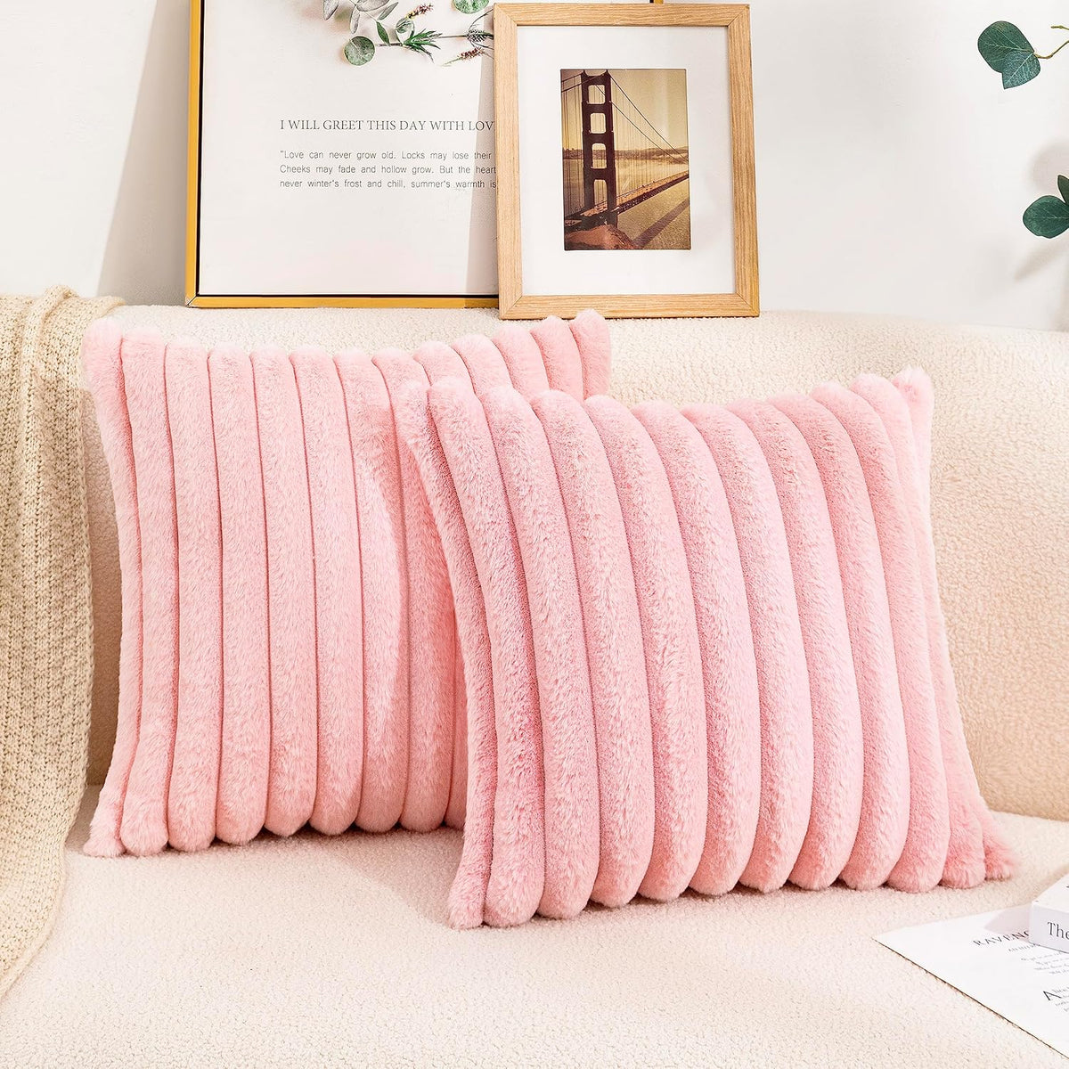 Uhomy Set of 2 Faux Fur Home Decorative Throw Pillow Cover Luxury Super Soft Fuzzy Striped Furry Pillowcase for Sofa Couch Bedroom Comfy Thick Fluffy Plush Cushion Cover 16x16 Inch Light Pink 40x40 cm