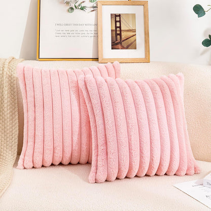 Uhomy Set of 2 Faux Fur Home Decorative Throw Pillow Cover Luxury Super Soft Fuzzy Striped Furry Pillowcase for Sofa Couch Bedroom Comfy Thick Fluffy Plush Cushion Cover 16x16 Inch Light Pink 40x40 cm
