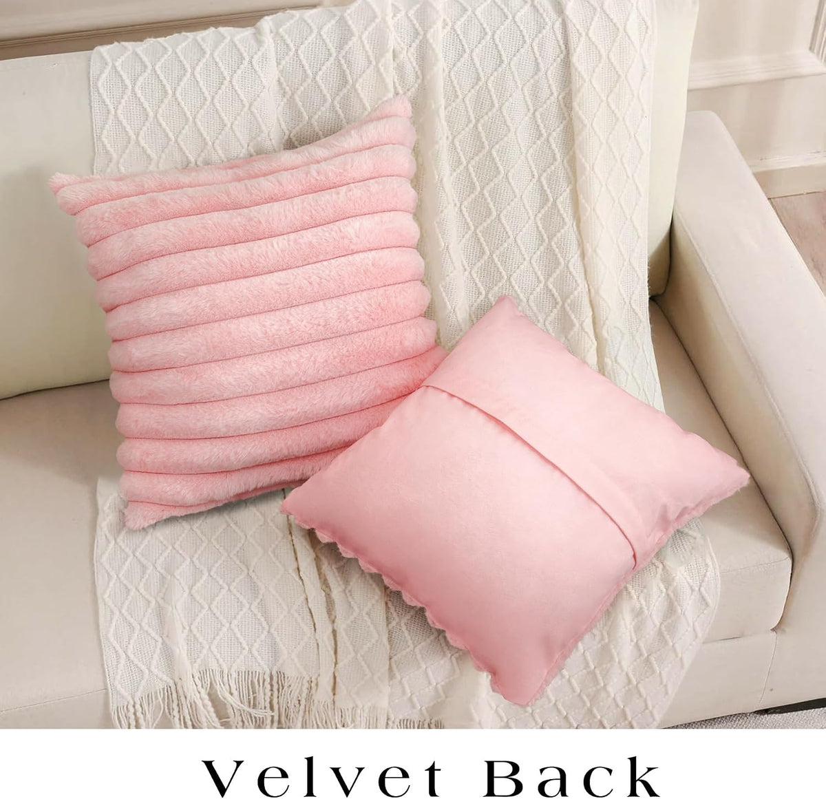 Uhomy Set of 2 Faux Fur Home Decorative Throw Pillow Cover Luxury Super Soft Fuzzy Striped Furry Pillowcase for Sofa Couch Bedroom Comfy Thick Fluffy Plush Cushion Cover 16x16 Inch Light Pink 40x40 cm
