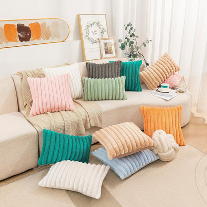 Uhomy Set of 2 Faux Fur Home Decorative Throw Pillow Cover Luxury Super Soft Fuzzy Striped Furry Pillowcase for Sofa Couch Bedroom Comfy Thick Fluffy Plush Cushion Cover 16x16 Inch Light Pink 40x40 cm